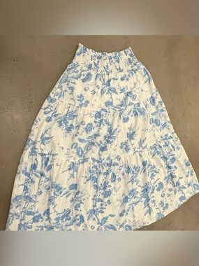 Altar'd State White and Light Blue Floral Tiered Maxi Skirt